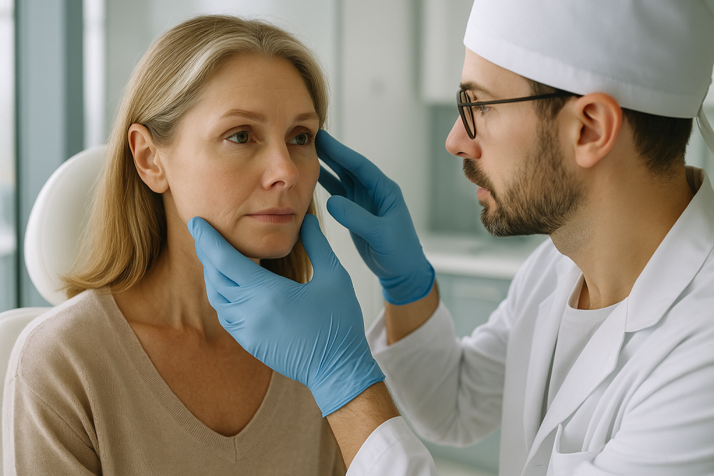 مريض يستشير جرّاح تجميل حول خيارات شد الوجه
