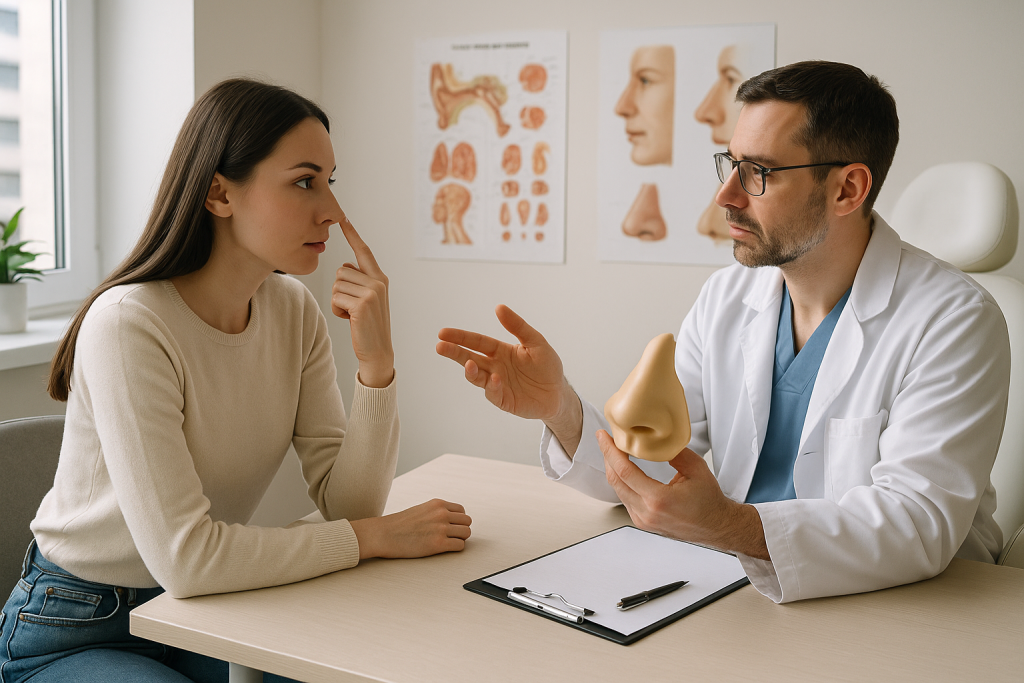 مريض يناقش مع الجرّاح تحضيرات تجميل الأنف داخل عيادة حديثة